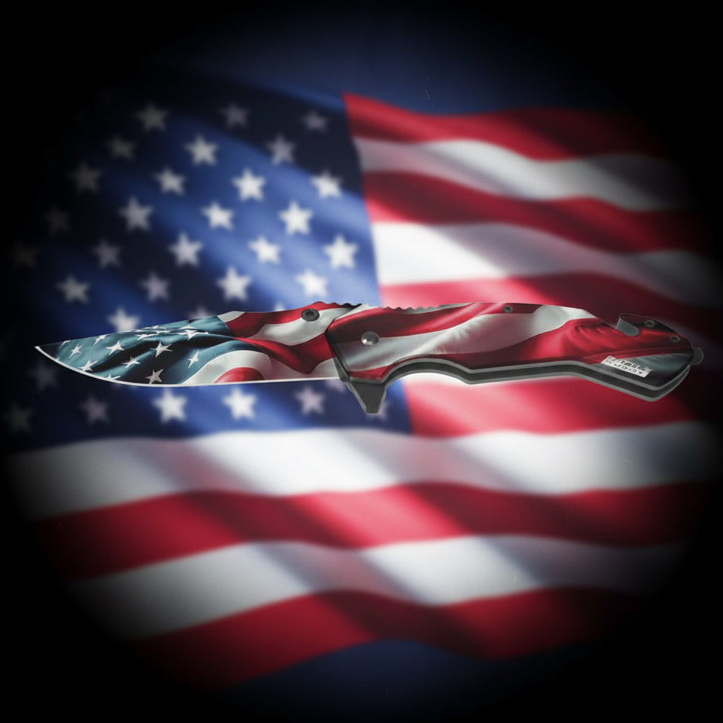 Folding knife with American flag design.