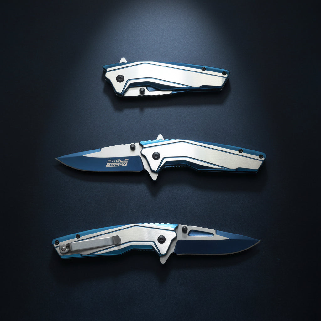 Folding knife with blue and silver design on a white background