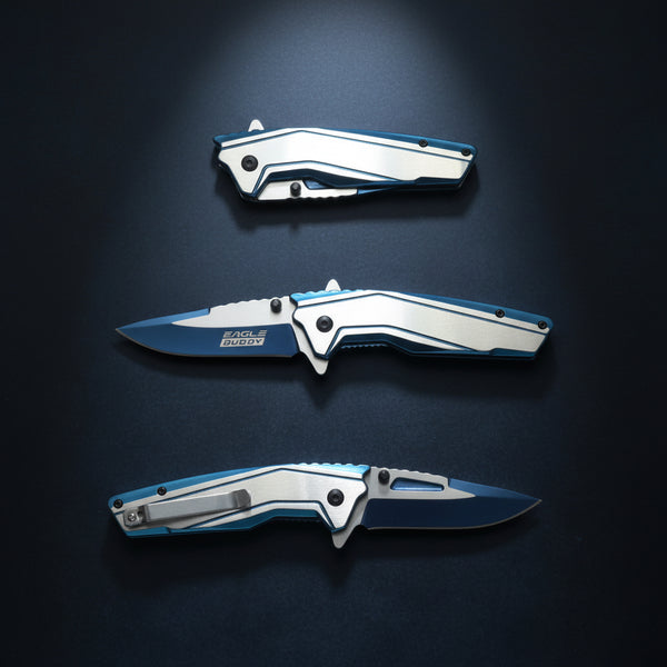 Folding knife with blue and silver design on a white background