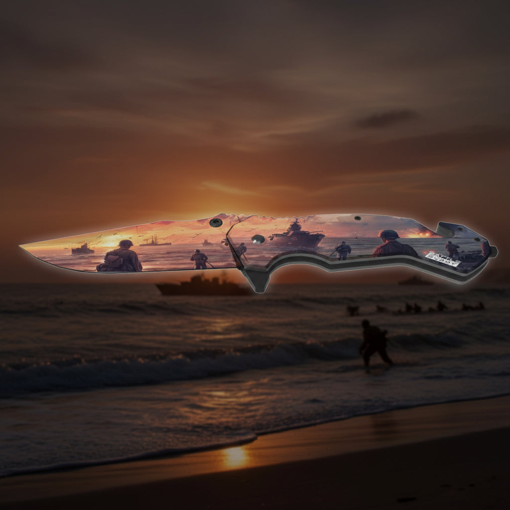Folding knife with a sunset and soldiers design on the blade.
