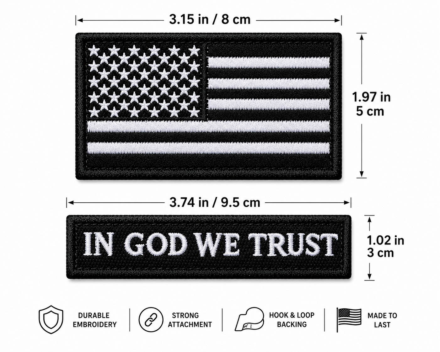 Embroidered Patch Set |Hook & Loop Backing In God We Trust & American Flag