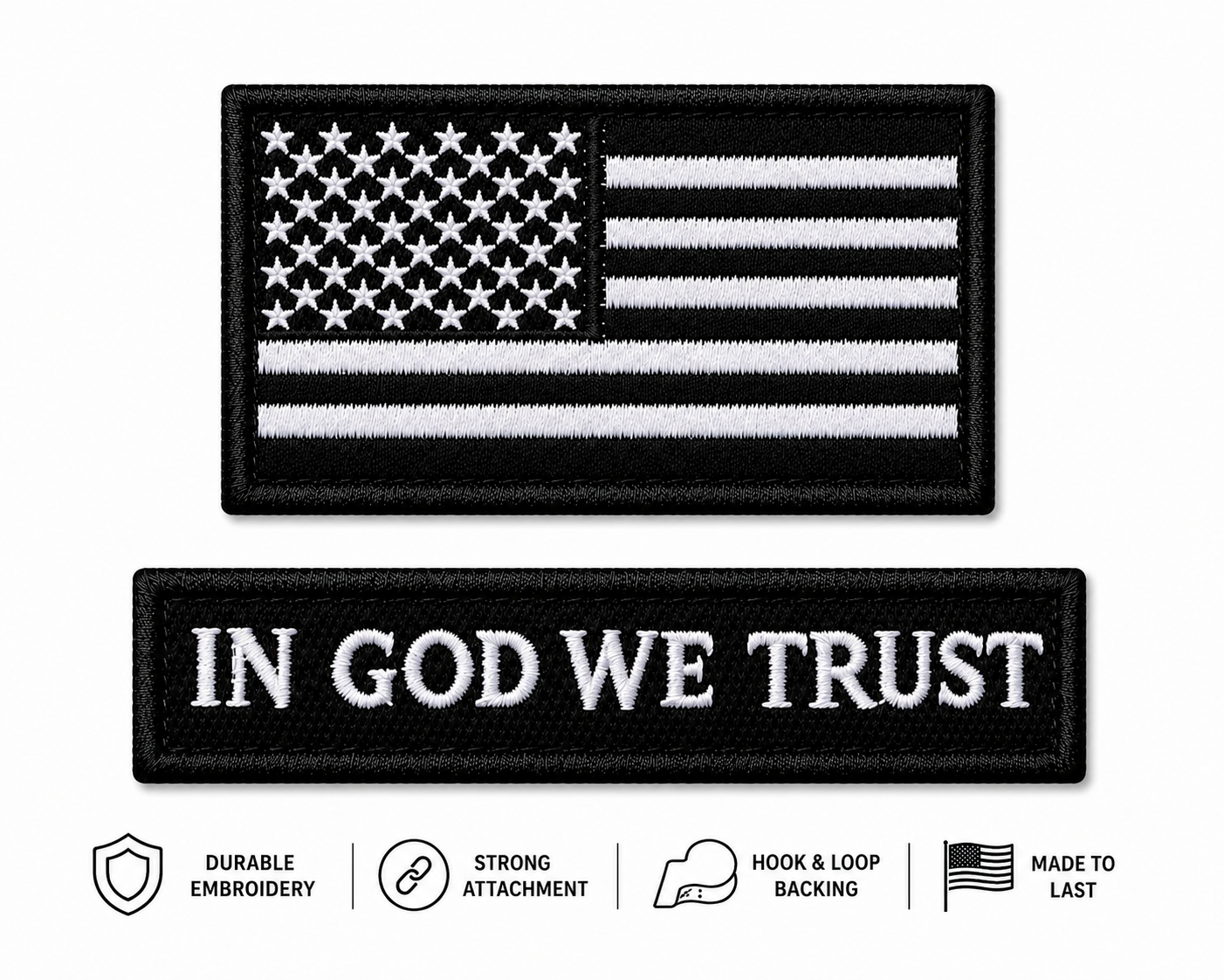 Embroidered Patch Set |Hook & Loop Backing In God We Trust & American Flag