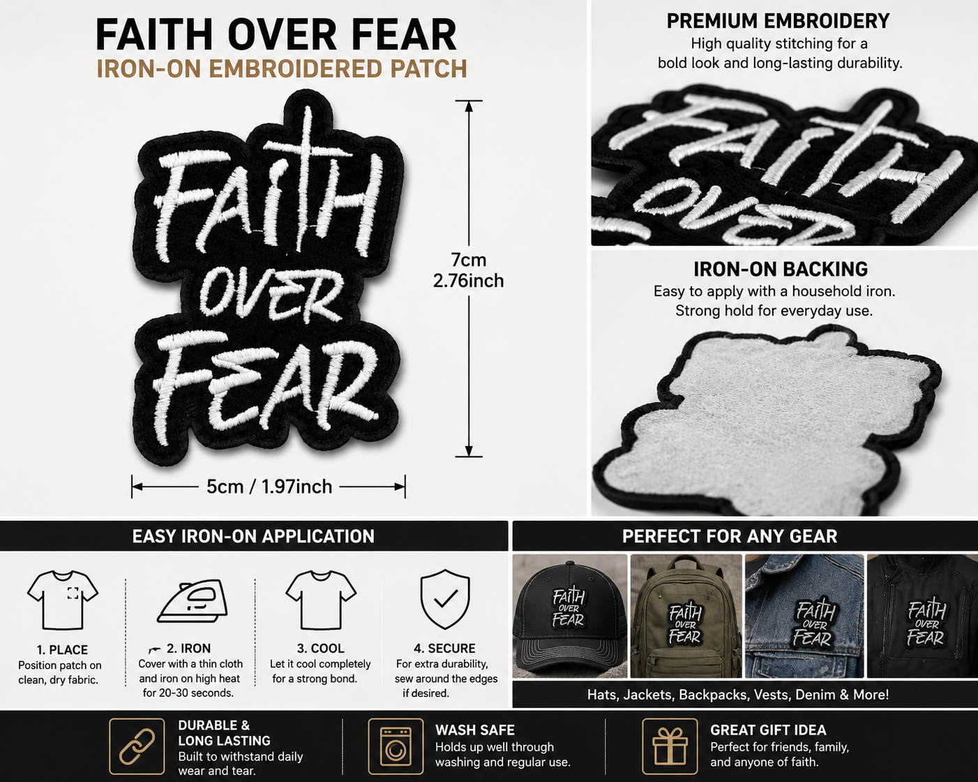Faith Over Fear Iron-On Embroidered Patch