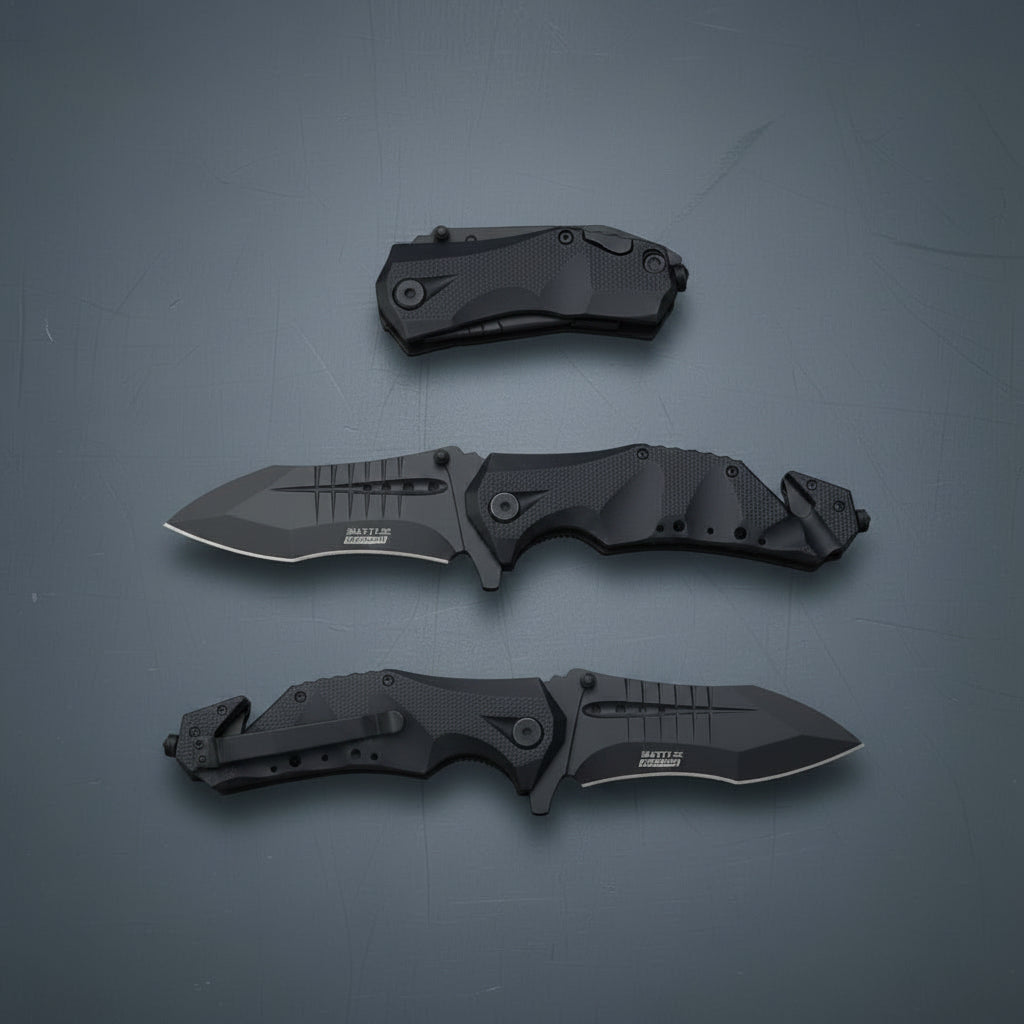 Black folding knife with open and closed positions