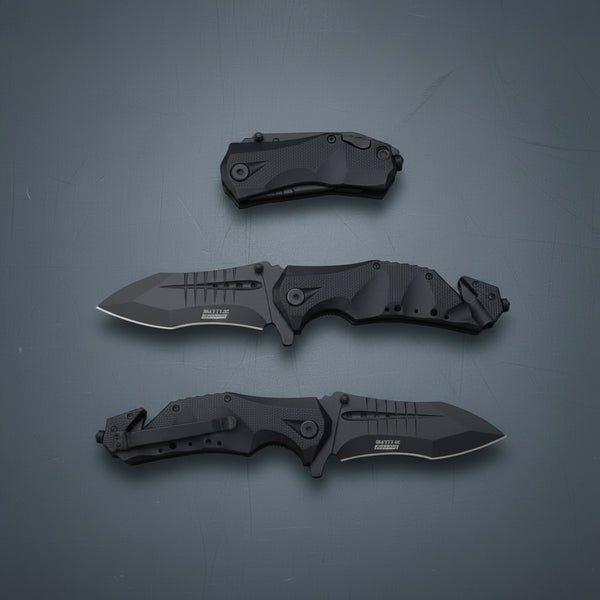 Black folding knife with open and closed positions