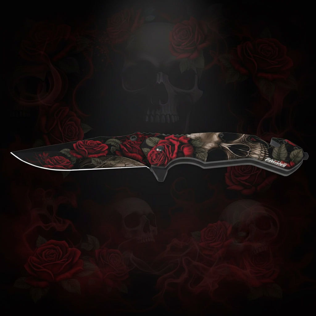 Decorative knife with red roses and skull design 